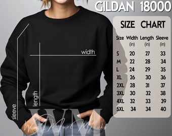 Gildan 18000 Size Chart Mockup, Size Chart Mockup Gildan, Crewneck Mockup Gildan Sweatshirt Size Chart for Gildan 18000, Size Chart G180