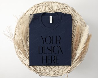 Navy Blue 3001 Bella Canvas Folded Mock Up, 3001 Navy Boho Style Mockup, POD Tee Mock Up, Bella Canvas Woman T-shirt Flat Lay Template Mock