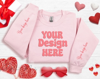 Gildan 18000 Sleeve Sweatshirt Mockup, Valentine Sweatshirt Mockup, Light Pink Flat Lay Sweatshirt Sleeve Mockup, Pink Sweatshirt Folded