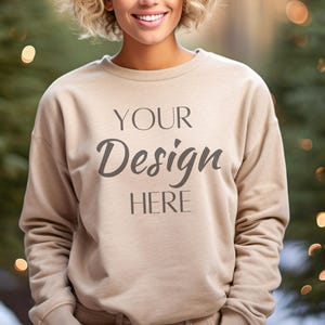 Sand Gildan 18000 Mockup, Sand Sweatshirt Mockup, Sweatshirt Model Mockup, Christmas Gildan 18000 Crewneck Heavy Blend Sweater Mockup SVG