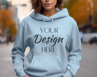 Light Blue Gildan 18500 Mockup, Gildan 18500 Hoodie Mock-Up, Long Sleeve Hoodie Mockup, Oversized Hooded Sweatshirt Mockup, Styled Mockup