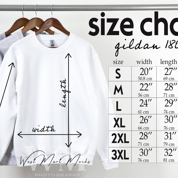 Gildan 18000 Size Chart Mockup, Size Chart Mockup Gildan, Crewneck Mockup Gildan Sweatshirt Size Chart for Gildan 18000, Size Chart G180