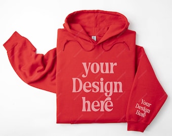 Gildan 18500 Sleeve Red Hoodie Mockup, Folded Red Hoodie Mockup, Gildan 18500 Sleeve Mockup, Hoodie Sleeve Mockup, Hoodie Photo Template POD