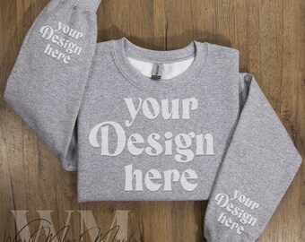 Gildan 18000 Sleeve Sweatshirt Gray Mockup, Sport Gray Gildan Clean Flat Lay Sweatshirt Sleeve Mockup, Sweatshirt Sleeve Folded, Gildan18000