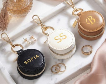 Mini Ring Holder Travel Jewelry Box, Personalized Leather Jewelry Case,  AirTag Leather Keychain Holder, Custom Gym Small Jewelry Case