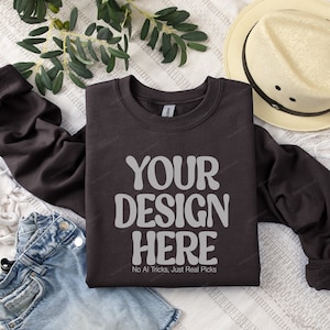 Sweatshirt Mockup, Gildan 18000 Dark Chocolate Folded Sweatshirt Boho Style, Gildan Sweatshirt Mockup, Flat Lay Gildan Oversized Crewneck