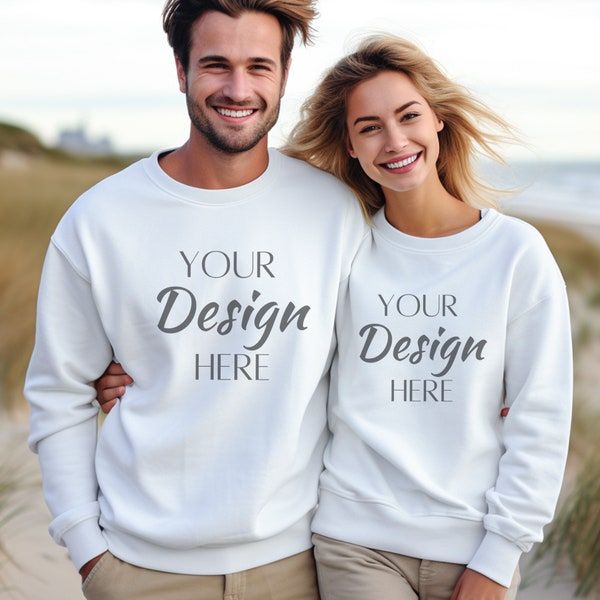 Gildan 18000 White Couple Mockup, Wife Husband White Gildan Sweatshirt Mockup, White Gildan Beach Mockup, White Couple Christmas