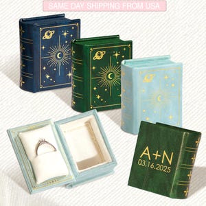 Mini book ring box, moon ring engagement box, proposal ring box, spellbook ring box, wedding ring jewelry box, book shaped proposal ring box
