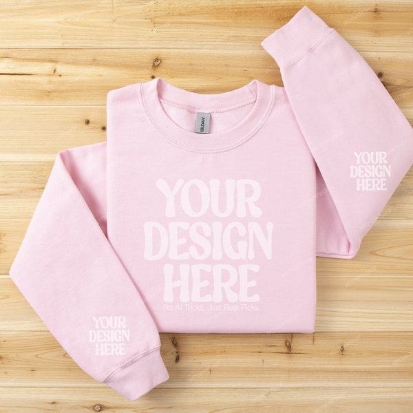 Gildan 18000 Sleeve Sweatshirt Mockup, Light Pink FlatLay Sweatshirt Sleeve Mockup, Gildan 18000 Sweatshirt Folded Mockup on Wood Background