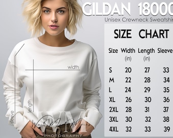 Gildan 18000 Size Chart Mockup, Size Chart Mockup Gildan, Crewneck Gildan Sweatshirt Size Chart for Gildan 18000, White Gildan Size Chart