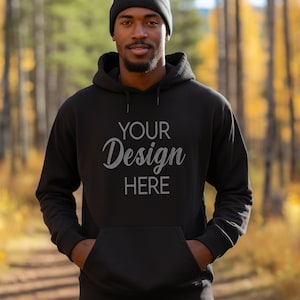 Gildan 18500 Black Mockup, Gildan 18500 Hoodie Mock-Up, Long Sleeve Black Hoodie Model Mockup, Africa American Man Black Hoody Mock-up Front