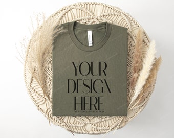 Military Green 3001 Bella Canvas Folded Mock-Up, 3001 Military Boho Style Mockup, POD Tee Mock-Up, Bella Canvas Woman shirt Folded Template