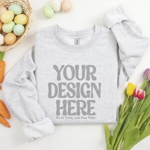 Gildan 18000 Ash Sweatshirt Mockup, Easter Flat Lay Crewneck Sweater Mockup, Ash G18000 Spring Sweatshirt Folded Mockup, Sweatshirt Mockup