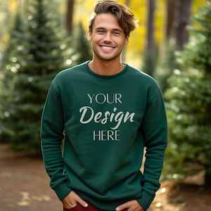 Gildan 18000 Forest Green Mockup, Male Gildan Forest Green Mockup, Christmas Gildan, Winter Sweatshirt Mockup, Gildan Green Mockup
