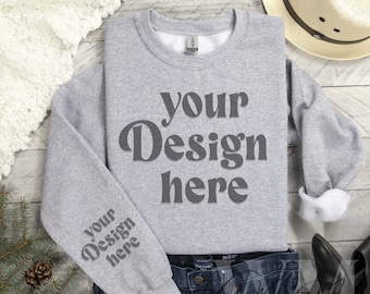 Gildan 18000 Sleeve Sweatshirt Gray Mockup, Sport Gray Gildan Clean Flat Lay Sweatshirt Sleeve Mockup, Sweatshirt Sleeve Folded, Gildan18000