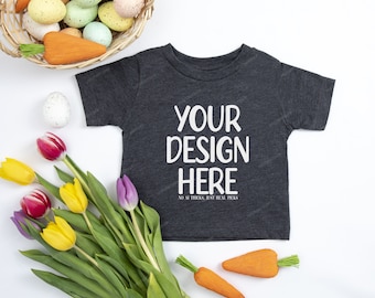 Bella Canvas 3000T Dark Gray Heather T-Shirt Mockup, 3001B Spring Easter Flat Lay Mock, Toddler Shirt Spring Style Mock-up, Print on demand