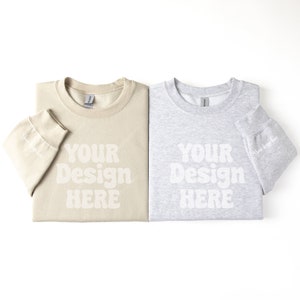 Gildan 18000 Sleeve Sand and Ash Couple Sweatshirt Mockup, Family Couple Folded Gildan Sweatshirt Flat lay, Group Folded Sleeve Mockups