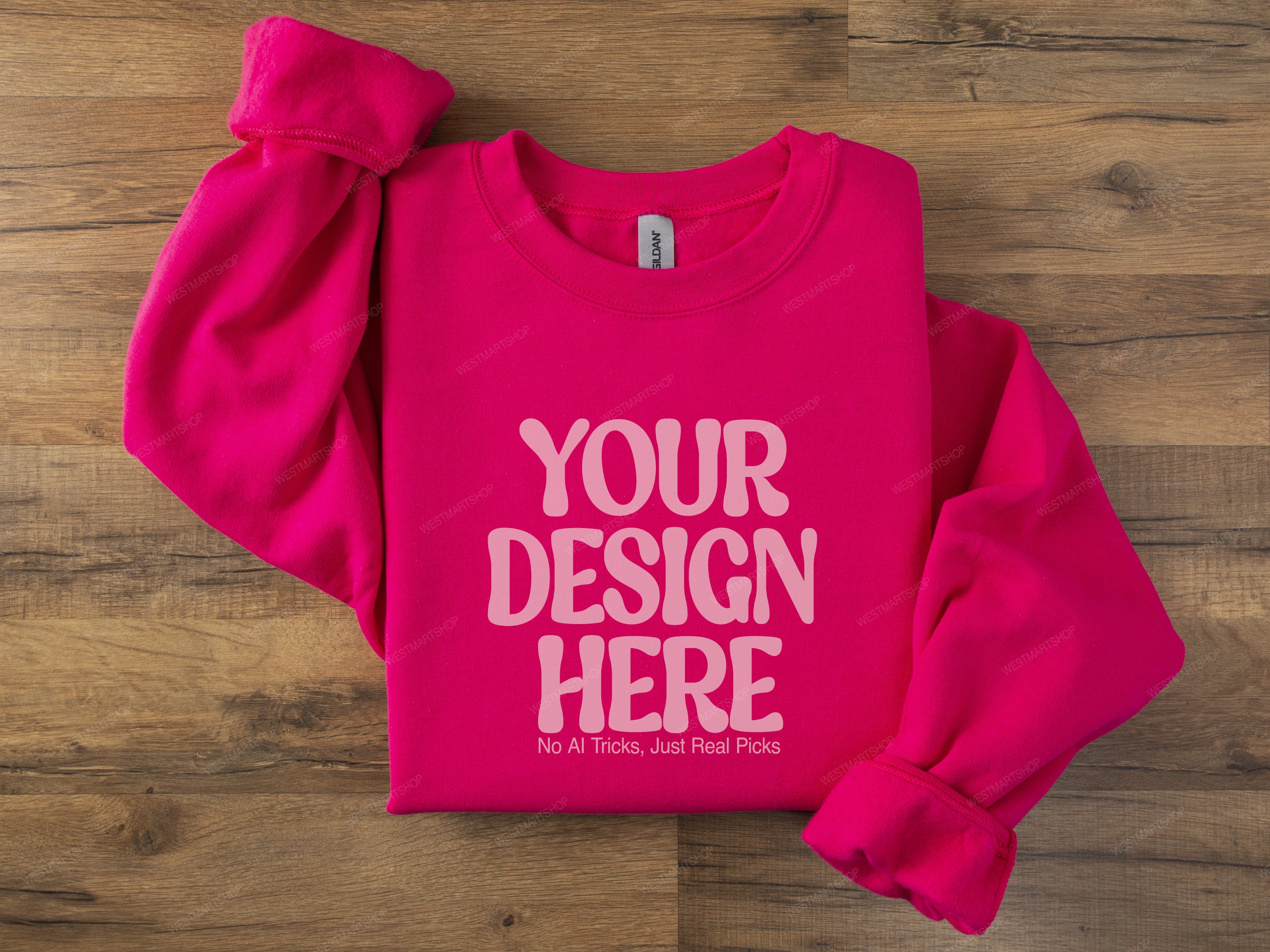Sweatshirt Mockup, Gildan 18000 Heliconia Folded Sweatshirt on Wood Floor, Gildan Sweatshirt Mockup, Flat Lay Gildan Oversized Crewneck Mock