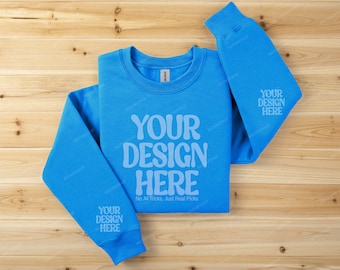 Gildan 18000 Sleeve Sweatshirt Mockup, Sapphire Flat Lay Sweatshirt Sleeve Mockup, Gildan 18000 Sweatshirt Folded Mockup Wood Background