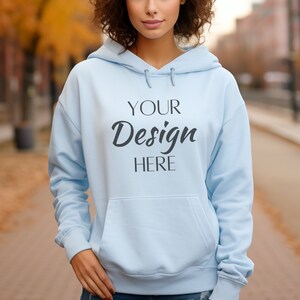 Gildan 18500 Mockup, Light Blue Gildan 18500 Hoodie Mock-Up, Long Sleeve Hoodie Mockup, Oversized Hooded Sweatshirt Mockup, Styled Mockup