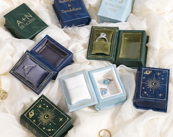 Proposal Mini Book Ring Box, Moon Engraved Jewelry – Wedding Ring Keepsake, Engagement Gift