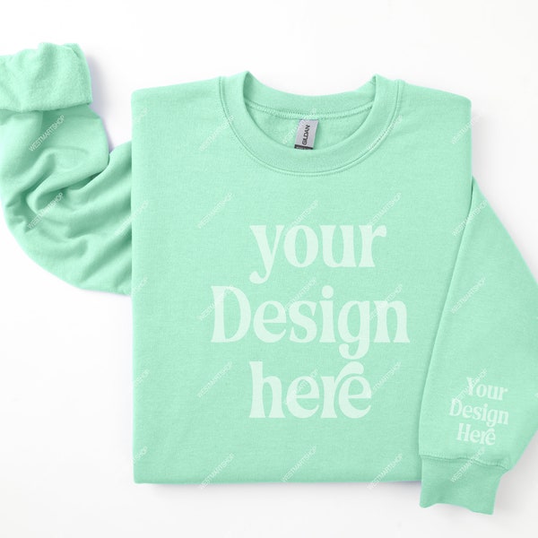 Gildan 18000 Mint Green Sleeve Sweatshirt Mockup, Mint Green Flat Lay Folded Sweatshirt Sleeve Print on Demand Mock, Gildan Flatlay Crewneck