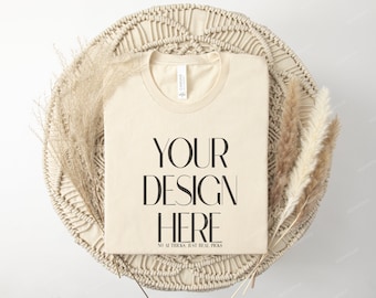 Natural 3001 Bella Canvas Folded Mock-Up, 3001 Natural Boho Style Mockup, POD Tee Mock-Up, Bella Canvas Woman T-shirt Flat Lay Template Mock