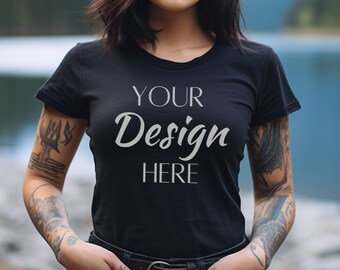 Black Bella Canvas 3001 Mockup, Female Model Mockup, Bella 3001 T-shirt Mockup, Black Tee Mockup, Tattooed Female Model, Fall Mockup Black
