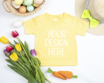 Bella Canvas 3000T Yellow T-Shirt Mockup, 3001B Spring Easter Black Flat Lay Shirt, Toddler Shirt Spring Style Mock-up, Kids Shirt Mockup