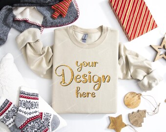 Christmas Gildan 18000 Sand Sweatshirt Mockup, Christmas Sweater Mockup, Christmas Gildan Mockup, Xmas sweater mockup JPG Digital Download