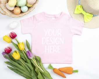 Bella Canvas 3000T Pink T-Shirt Mockup, 3001B Spring Easter Pink Flat Lay Shirt, Toddler Pink Shirt Spring Style Mock-up, Kids Shirt Mockup