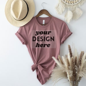 Mauve Bella Canvas 3001 tshirt mock up hanging,  Flat Lay Mockup, Hanging Tshirt Mockup, JPG Digital Download