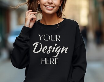 Maquette Gildan 18000, maquette de sweat-shirt noir 18000, maquette de modèle de sweat-shirt, maquettes de sweat-shirt noir Gildan, maquette de sweat-shirt noir