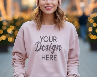 Light Pink Gildan 18000 Mockup, Light Pink 18000 Sweatshirt Mockup, Sweatshirt Model Mockup, Light Pink Gildan Crewneck Mockups, Light Pink