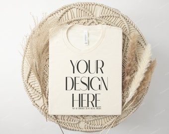 Soft Cream 3001 Bella Canvas Folded Mock-Up, 3001 Cream Boho Style Mockup, POD Tee Mock-Up, Bella Canvas Woman T-shirt FlatLay Template Mock