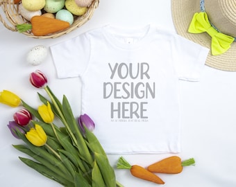 Bella Canvas 3000T White T-Shirt Mockup, 3001B Spring Easter White Flat Lay Shirt, Toddler Shirt Spring Style Mock-up, Kids Shirt Mockup