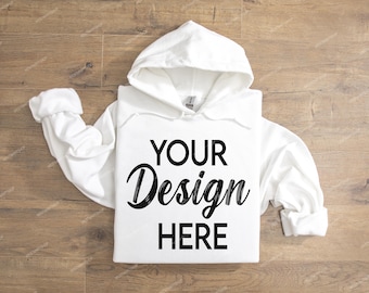 Gildan 18500 White Folded Hoodie Sweatshirt on Wood Floor, Gildan Hoodie Mockup, G18500 Flat lay POD Mockup, Hoodie Sweater Flatlay