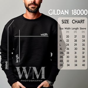 Gildan 18000 Size Chart Mockup, Size Chart Man Black Gildan, Crewneck Mockup Gildan Sweatshirt Size Chart for Gildan 18000, Size Chart G180
