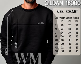 Gildan 18000 Size Chart Mockup, Size Chart Man Black Gildan, Crewneck Mockup Gildan Sweatshirt Size Chart for Gildan 18000, Size Chart G180