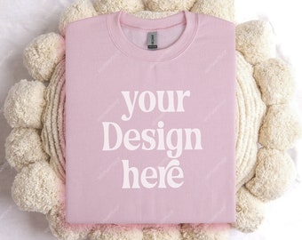 Gildan 18000 Folded Boho Mockup, Light Pink Flat Lay Sweatshirt Mockup, Pink Clean Folded Gildan Sweatshirt Pullover on Boho Background