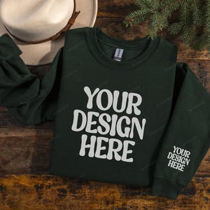 Gildan 18000 Forest Green Sleeve Sweatshirt Mockup, Gildan 18000 Folded Flat Lay Sweatshirt on Wood Floor Mockup, Gildan Flat lay Crewneck