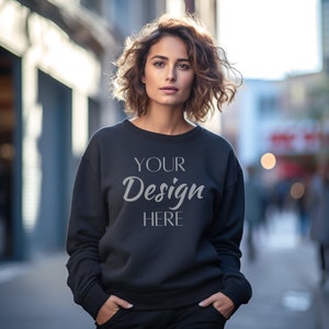 Gildan 18000 Black Mockup, Woman Gildan Sweatshirt Mockup, Sweatshirt Model Mockup, Gildan Black Color, 18000 Crewneck Mockup