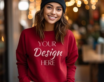 Gildan 18000 Mockup, Red Gildan Woman Sweatshirt Mockup, Sweatshirt Model Mockup, Gildan 18000 Red Color, Red 18000 Crewneck Mockup