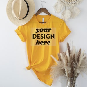 Gold Bella Canvas 3001 Boho Style T-Shirt Mockup, Flat Lay T-shirt Mock up, Summer T-shirt Mock up, JPG Digital Download