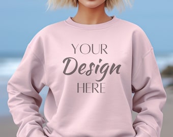 Gildan 18000 Mockup, Light Pink 18000 Sweatshirt Mockup, Sweatshirt Model Mockup, Light Pink Gildan Crewneck Mockups, Light Pink