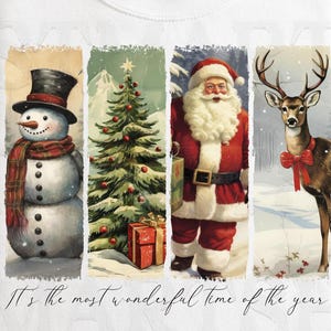 Vintage Weihnachten PNG, Es ist die schönste Zeit des Jahres PNG, Weihnachtsmann Rentier Schneemann PNG, Sublimations-Weihnachtspostkarte PNG