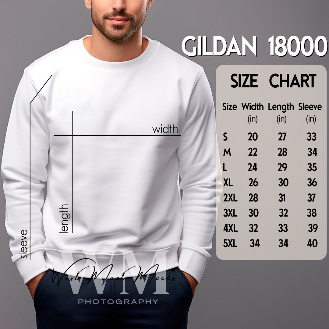 Gildan 18000 Size Chart Mockup, Size Chart Man White Gildan, Crewneck ...