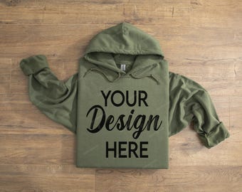 Gildan 18500 Military Green Folded Hoodie Sweatshirt on Wood Floor, Gildan Hoodie Mockup, G18500 Flat lay Mockup, Crewneck Sweater Flat lay