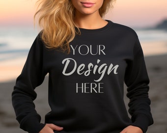 Maquette Gildan 18000 noire, Maquette de sweatshirt noir 18000, Maquette de sweatshirt, Maquettes de sweatshirt Gildan noir, Maquette de sweatshirt noir