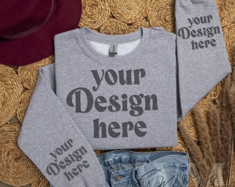 Gray Gildan 18000 Sleeve Sweatshirt Mockup, Sport Gray Gildan Clean Flat Lay Sweatshirt Sleeve Mockup, Sweatshirt Sleeve Folded, Gildan18000